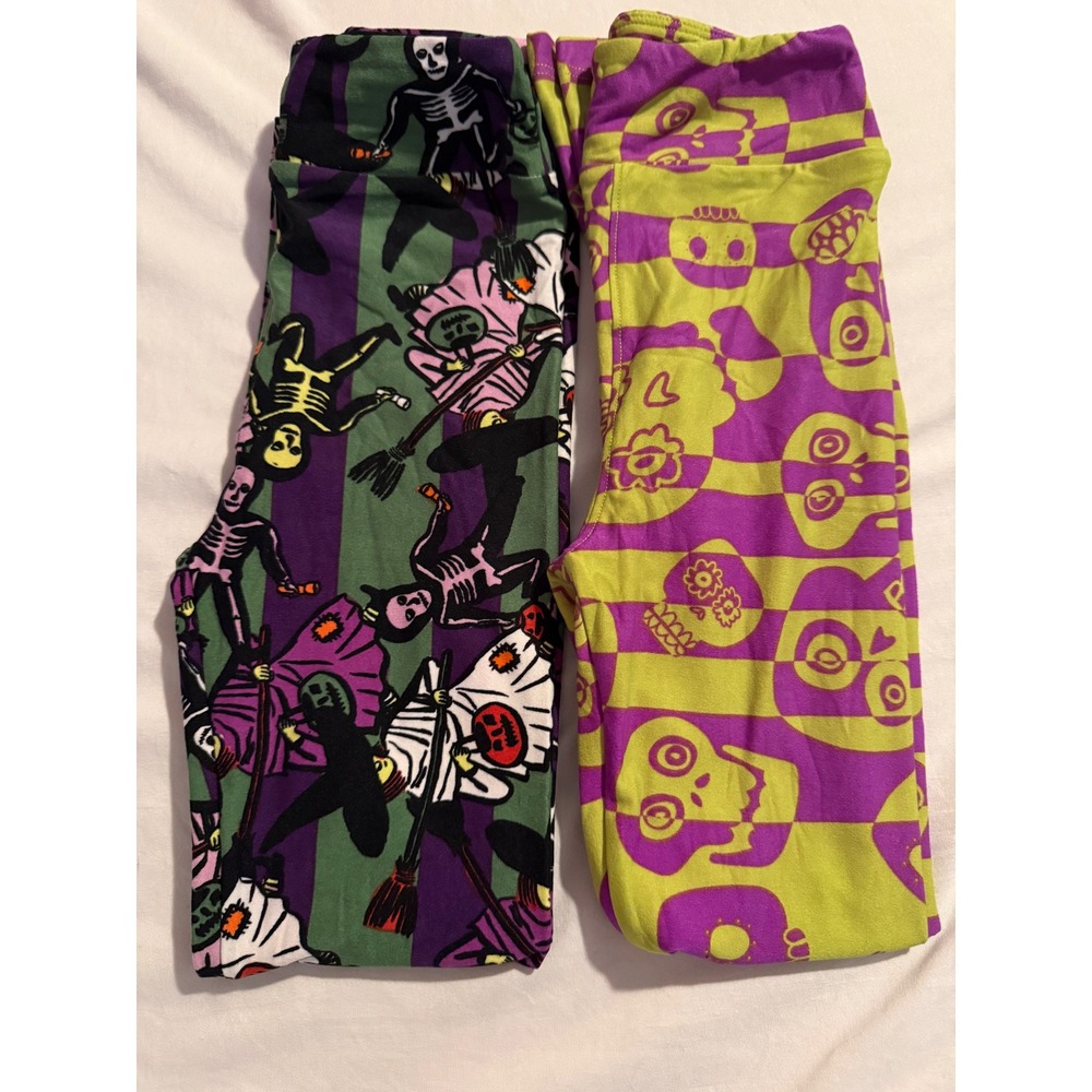 LuLaRoe Halloween Leggings Lot L/XL Skeletons Witches Sugar Skulls Purple Green